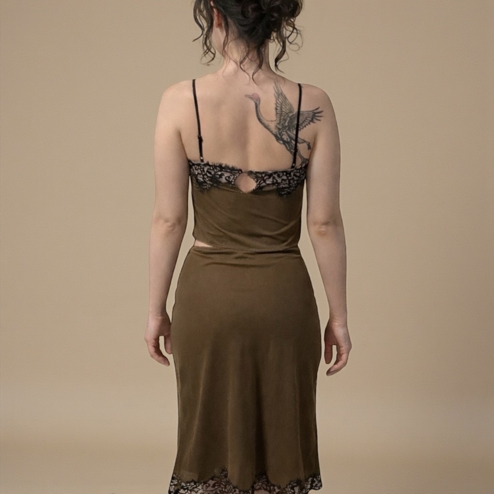 House of Harlow 1960 Velvet Lace Trim 2-Piece Skirt Set XS Olive Slip Midi - Picture 2 of 7